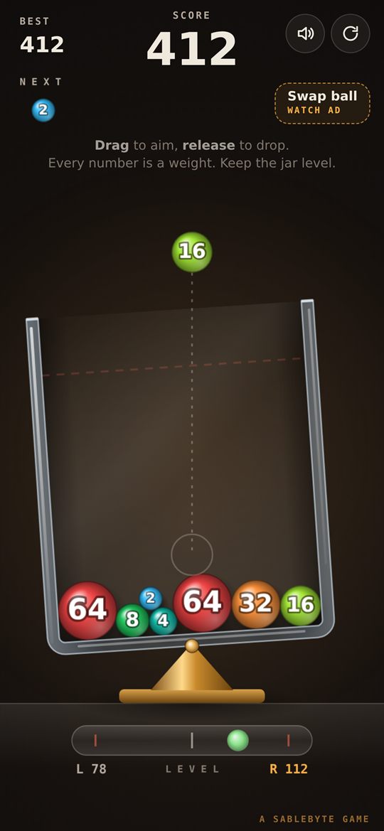 Poise gameplay: numbered balls in a slightly tilted jar, with a dotted guide line.