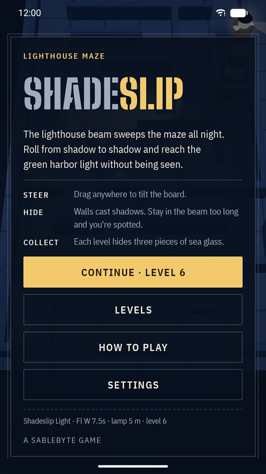 The Shadeslip title screen with the rules and the buttons Continue, Levels, How to play and Settings.