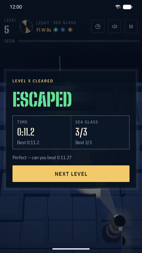 Escaped: level 5 cleared in 11.2 seconds with all three pieces of sea glass.